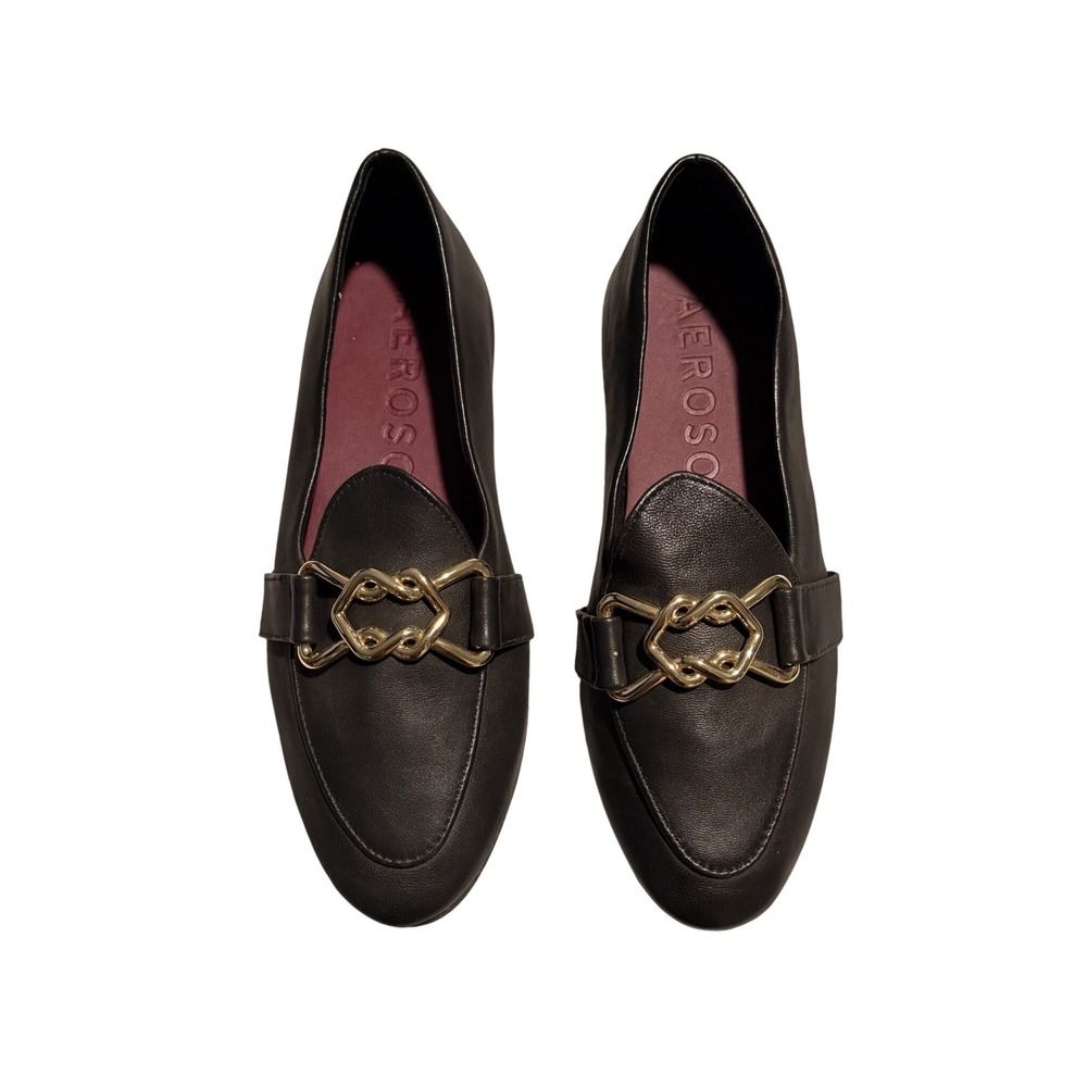 Aerosoles Adrie Black Leather Loafers Gold Chain Link Flats Womens 6.5 M